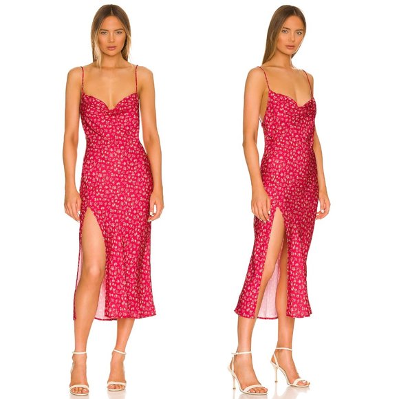 NEW NEVER WORN RESA Madison Maxi Dress in Raspberry Red Pink Satin Midi XS - Picture 2 of 6